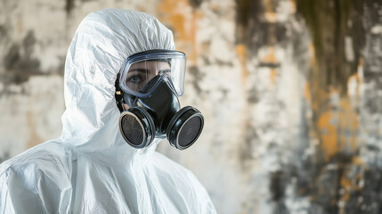 Person wearing protective suit and gas mask in hazardous environment, showing safety and caution in contaminated area