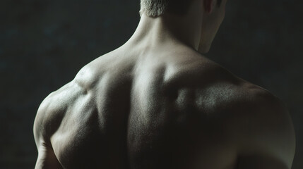Muscular male back with defined shoulder and upper back muscles in low light, showing strength and fitness in dark setting