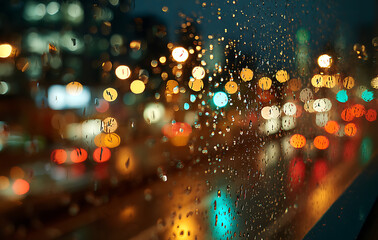 Rainy Night Cityscape Blurred Lights and Raindrops on Glass