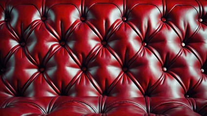 Close-up of luxurious scarlet red genuine leather upholstery with retro Chesterfield tufted design featuring deep diamond pattern and button accents