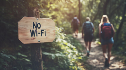 No Wi Fi wooden sign on forest trail with three hikers walking away, enjoying nature and digital detox in sunny outdoor environment