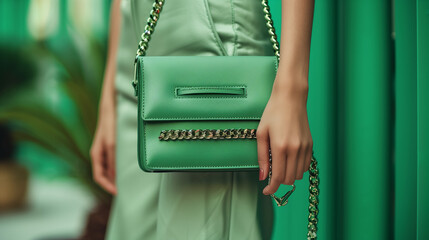 Summer fashion details: trendy green faux leather bag, handbag with chunky chain in stylish women's outfit. Copy, empty space for text
