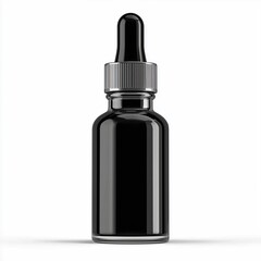 Black serum bottle with dropper against white background minimalistic and stylish