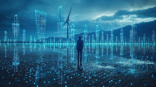 A person stands on a reflective plain, overlooking a futuristic city skyline overlaid with wind turbines.  Digital buildings hover, reflecting in a watery surface.  Stormy clouds fill the sky