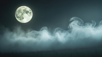 Fototapeta premium Full moon casting light on a wooden floor with a frame amid mysterious fog, resembling a stage for Halloween night, spooky background banner concept with space for party event details
