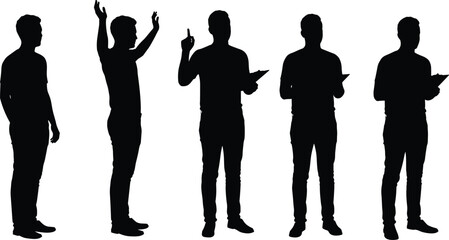 Silhouetted male figure collection showcasing various body language poses, from standing to gesturing with arms and holding a clipboard, ideal for business, communication, or presentation stock images