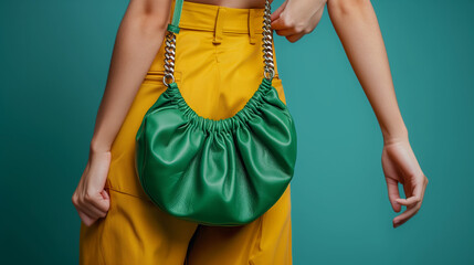 Summer fashion details: trendy green faux leather bag, handbag with chunky chain in stylish women's outfit. Copy, empty space for text