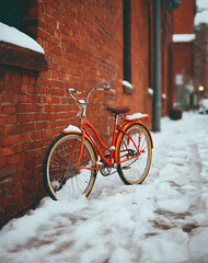 Red Bicycle in Snowy City Street
