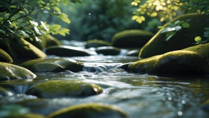 Fototapeta premium A peaceful waterfall tumbling over rocks amidst verdant greenery. Sparkling clear water flows smoothly, forming a calming landscape. Wulai District, New Taipei City, Taiwan.