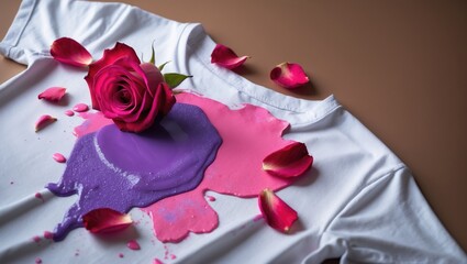 Eco print concept: the process of dyeing clothes with rose petals using a press on a white T-shirt, including a set for fixing and imprinting with natural dye.