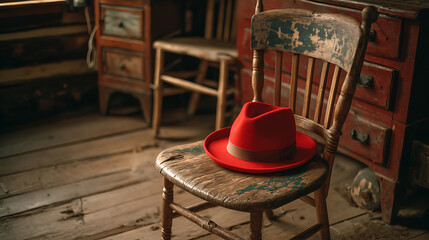 Red Hat on Rustic Wooden Chair in Vintage Room