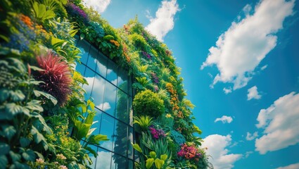 Sustainable green facade featuring ecological eco plants on the building