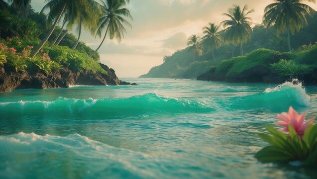Fototapeta A tranquil tropical beach at sunset featuring palm trees, calm waves, and a rocky shoreline. The warm golden light boosts the idyllic island atmosphere ideal for travel and relaxation in Maldives.