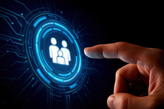 A close-up a interacting with a glowing digital interface symbolizing user connectivity data access and network interaction in business