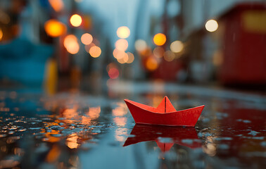 Red Paper Boat Floating in Rain Puddle City Street Night
