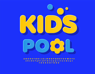 Vector Advertising flyer Kids Pool with Funny Sun. Summer Yellow Font. Cute Children Alphabet Letters and Numbers set.