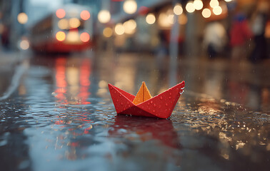 Red Paper Boat Floating in Rainy City Street at Night