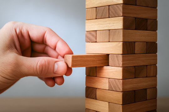 Strategic decision-making is illustrated by a close-up a carefully removing a wooden block from a stable tower