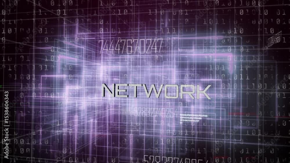 Poster Streaming binary code initiating wireframe pulsing in holographic grid, displaying NETWORK