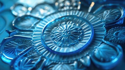 Background of light reflected from behind opaque glass featuring a delicate etched floral design pattern. Blue frosted glass surface. Close-up of an obscure privacy glass window pane.