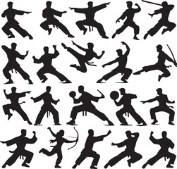 Set of kung fu action silhouette