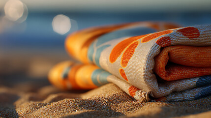 Rolled Beach Towel on Sandy Beach at Sunset