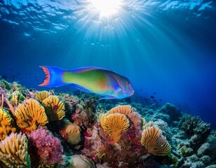 Obraz premium colorful parrotfish swimming in coral reefs under sunlight for marine awareness campaigns and educational purposes