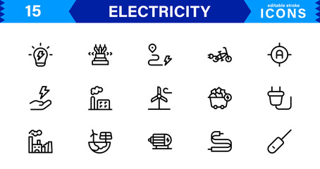 Electricity Icon Collection with Power, Energy, Electrical Equipment, Circuit, and Renewable Energy Symbols in a Simple, Marketable Design
