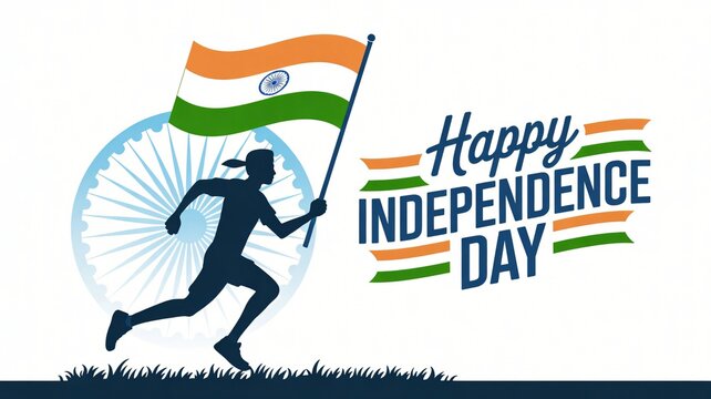 Happy Independence Day India Woman Runner with Flag Celebrating Freedom