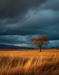 Single Tree in Golden Wheat Field Under Dramatic Stormy Sky