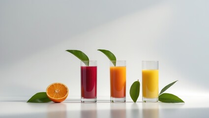 Fototapeta premium Glasses of juice and leaves isolated on white background.