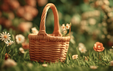 Small Wicker Basket Among Daisies in a Sunny Meadow