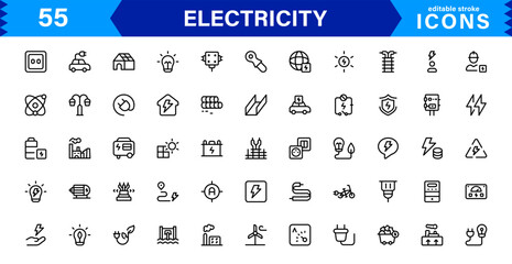 Electricity Icon Collection with Power, Energy, Electrical Equipment, Circuit, and Renewable Energy Symbols in a Simple, Marketable Design