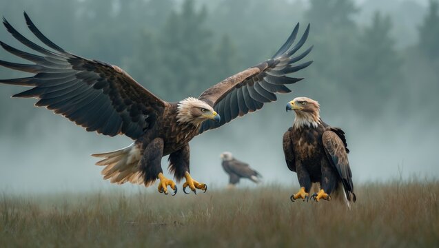 White tailed eagles (Haliaeetus albicilla) flying in a field within the Polish forest, searching for food on a foggy autumn morning, while Eagle flying overhead.