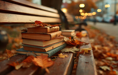 Stack of Vintage Books on Wooden Park Bench Surrounded by Autumn Leaves
