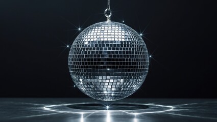Glowing mirror entertainment disco ball isolated on black background.