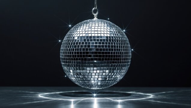 Glowing mirror entertainment disco ball isolated on black background. - Powered by Adobe