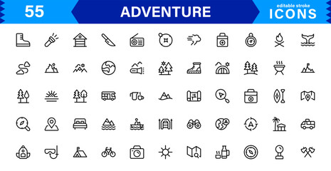 Adventure Icon Set Representing Exploration, Travel, Outdoors, Hiking, and Expedition Symbols in a Clean, Creative, and Marketable Vector Style