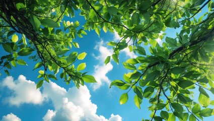 Obraz premium Frangipani tree on tropical summer with blue sky and white clouds abstract background, providing copy space for summer vacation and business travel concepts, with vintage tone filter style.
