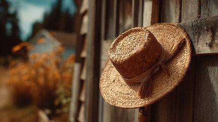 Tan Straw Hat Hanging on Rustic Wooden Wall Outdoors