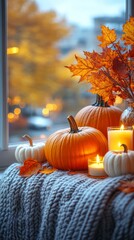 Cozy autumn scene with pumpkins, candles, and colorful leaves by a window