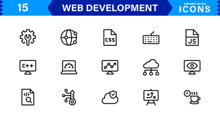 Modern Web Development Icon Set Featuring Coding, Websites, Programming, Design, and Development Concepts in a Professional, Clean Vector Style