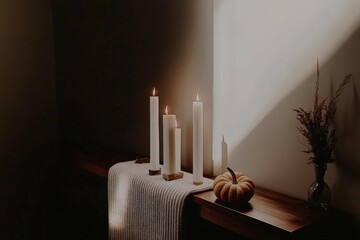 Cozy autumn decor with candles and mini pumpkin on wooden bench