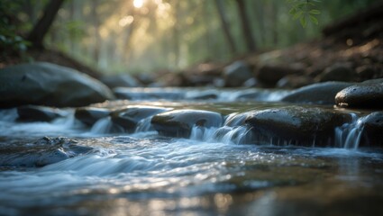 A stream of water flows over rocks, remaining clear and calm, while the rocks are dispersed throughout the stream; the scene is tranquil and peaceful, with the water reflecting sunlight.