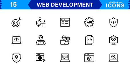 Modern Web Development Icon Set Featuring Coding, Websites, Programming, Design, and Development Concepts in a Professional, Clean Vector Style