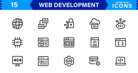 Modern Web Development Icon Set Featuring Coding, Websites, Programming, Design, and Development Concepts in a Professional, Clean Vector Style