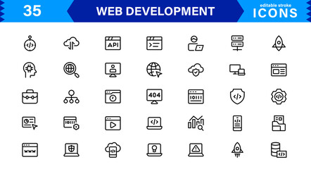 Modern Web Development Icon Set Featuring Coding, Websites, Programming, Design, and Development Concepts in a Professional, Clean Vector Style