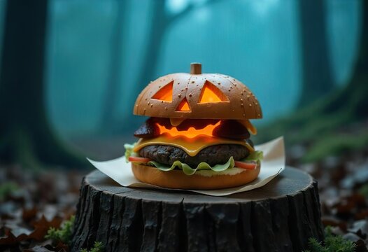 A spooky Halloween-themed hamburger, shaped like a jack-o'-lantern, on a wooden stump, surrounded by fog and a mystical forest backdrop. It has a beef patty, cheese, other toppings,typical of a burger