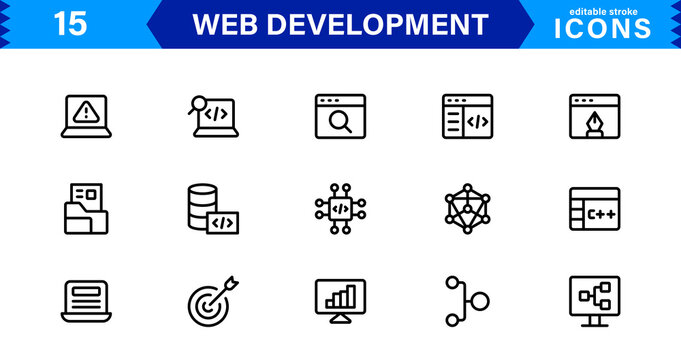 Modern Web Development Icon Set Featuring Coding, Websites, Programming, Design, and Development Concepts in a Professional, Clean Vector Style