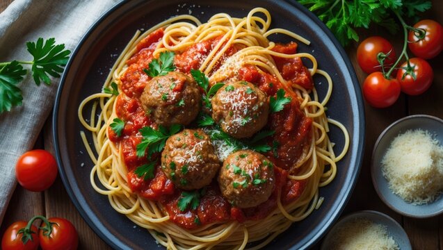 Delicious spaghetti pasta with meatballs and tomato sauce served on a plate. Classic American Italian cuisine displayed on a rustic wooden table. Top-down perspective directly from above. - Powered by Adobe